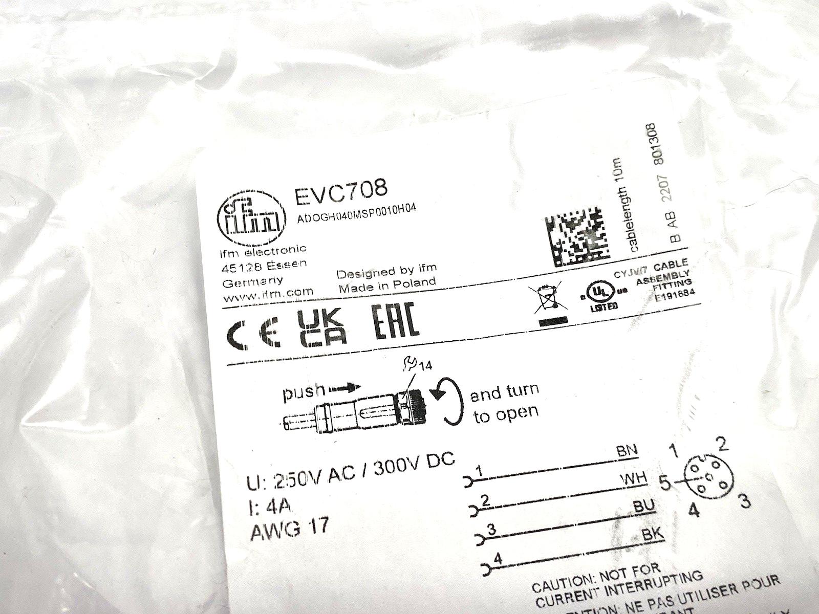 EVC708 | Ifm Female Cordset Single Ended 10m M12 ADOGH040MSP0010H04 - New Other - Maverick Industrial Sales