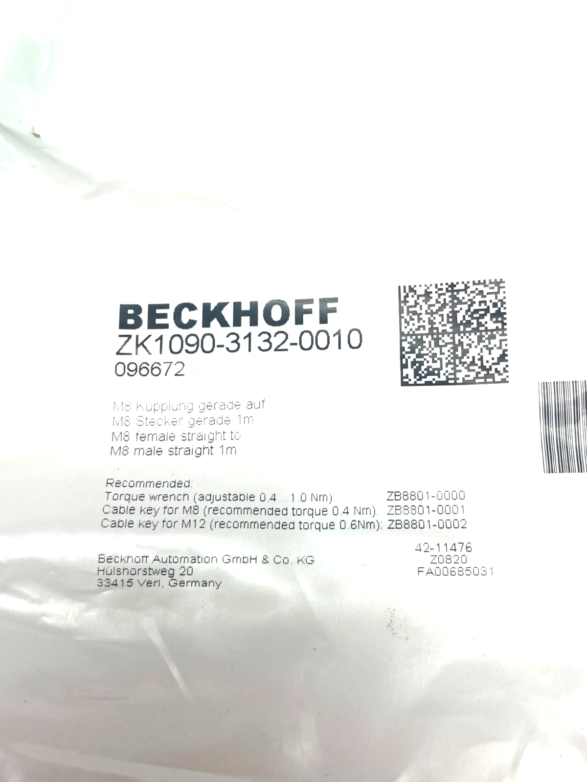 Beckhoff ZK1090-3132-0010 Double Ended EtherCAT Power Cable M8 4-Pin 1m 096672 - Maverick Industrial Sales