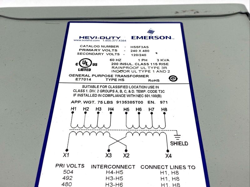 Sola HD HS5F3AS Transformer 3KVA 240X480V Primary 120/240V Secondary, Gray - Maverick Industrial Sales