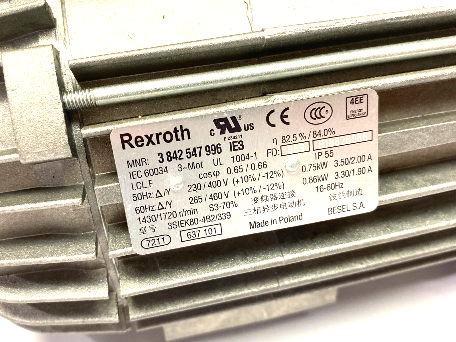Bosch Rexroth 3842547996 Electric Motor 230/400V 750W 50HZ-265/460V 860W 60HZ - Maverick Industrial Sales