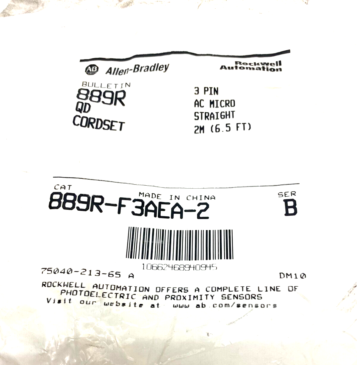 Allen Bradley 889R-F3AEA-2 Ser. B Straight AC Micro Cordset 3-Pin Female 2m - Maverick Industrial Sales