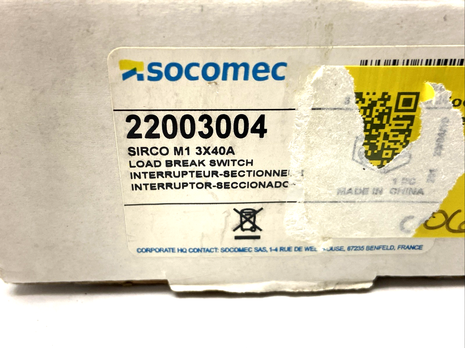 Socomec 22003004 Rotary Load Break Disconnect Switch M Series 3P 40A - Maverick Industrial Sales