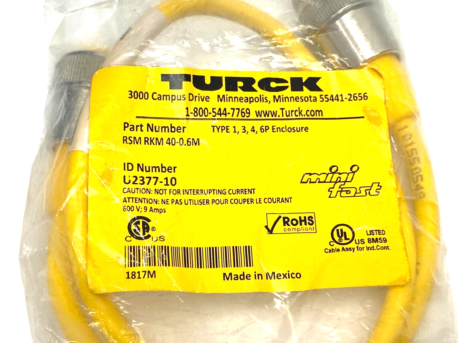 Turck RSM RKM 40-0.06M Minifast Double Ended Actuator/Sensor Cordset U2377-1 - Maverick Industrial Sales
