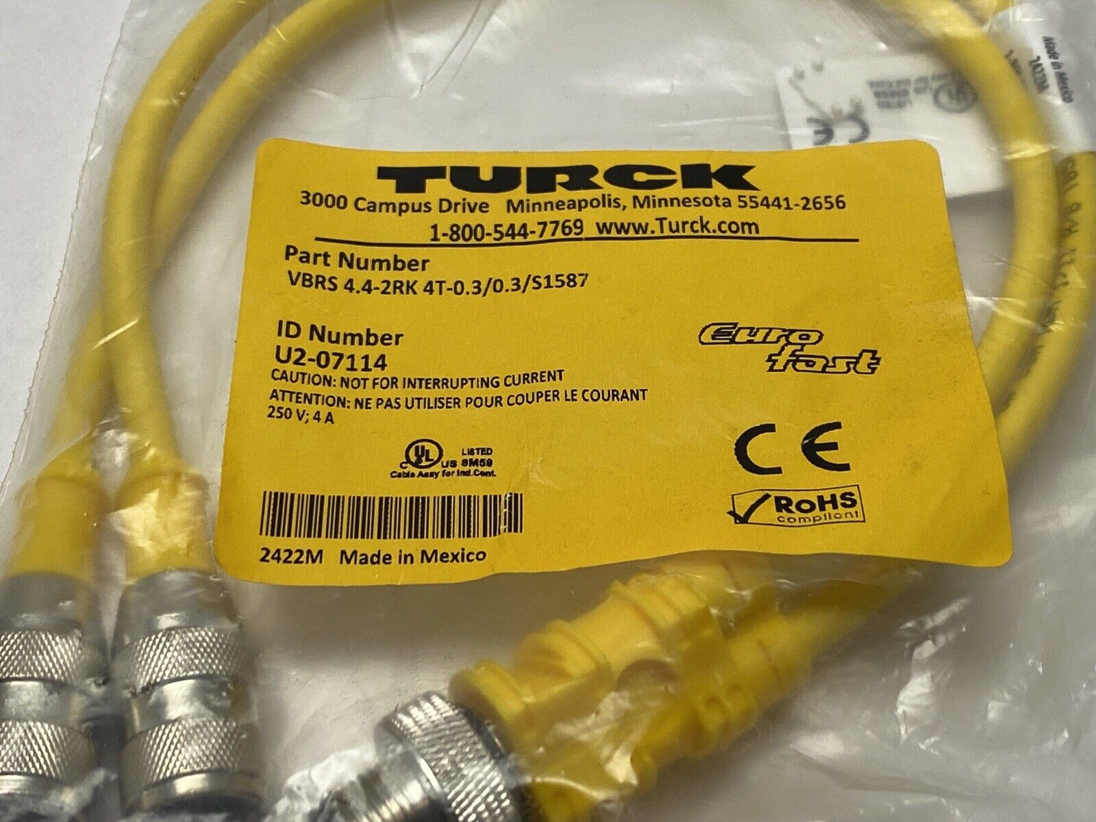 Turck VBRS 4.4-2RK 4T-0.3/0.3/S1587 Splitter M M12 - 2x F M12 4-Pin U2-07114 - Maverick Industrial Sales