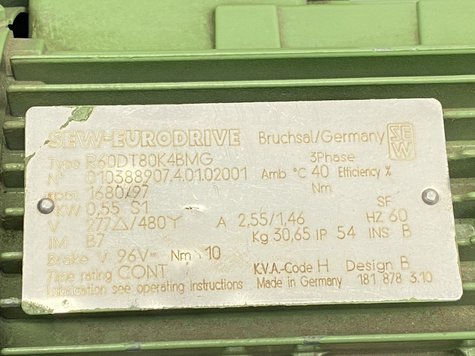 SEW EuroDrive R60DT80K4BMG Gearmotor 3-Phase 1680/97 RPM 277/480V 0.55KW - Maverick Industrial Sales