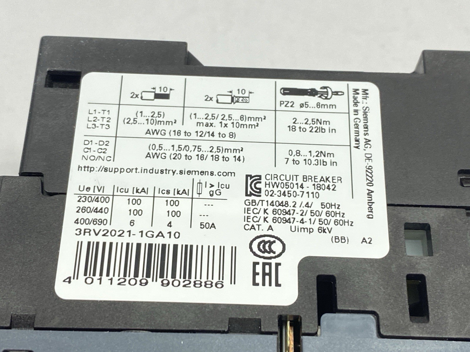 Siemens 3RV2021-1GA10 Sirius Circuit Breaker 4.5-6.3A 82A 600V - Maverick Industrial Sales