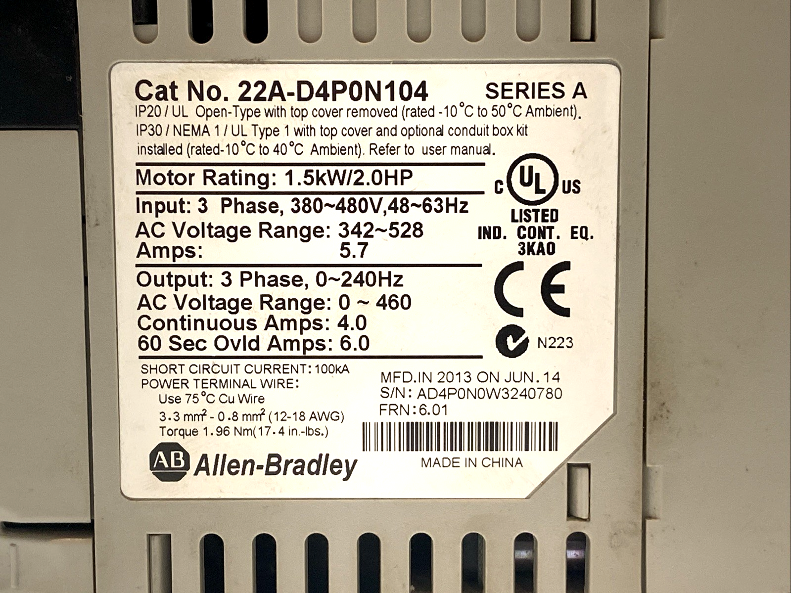 22A-D1P4N104 | Allen Bradley Ser. A PowerFlex 4 AC Drive 0.4 kW 3PH 0.5 HP - For parts or not working - Maverick Industrial Sales
