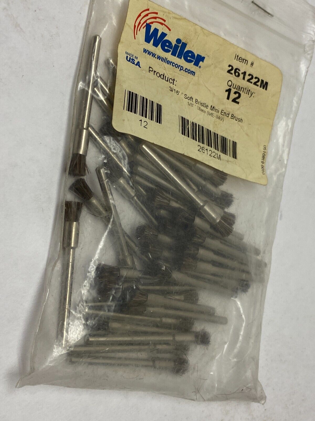 Weiler 26122 3/16" Miniature End Brush Soft Hair Fill 1/8" Stem PKG OF 40 - Maverick Industrial Sales