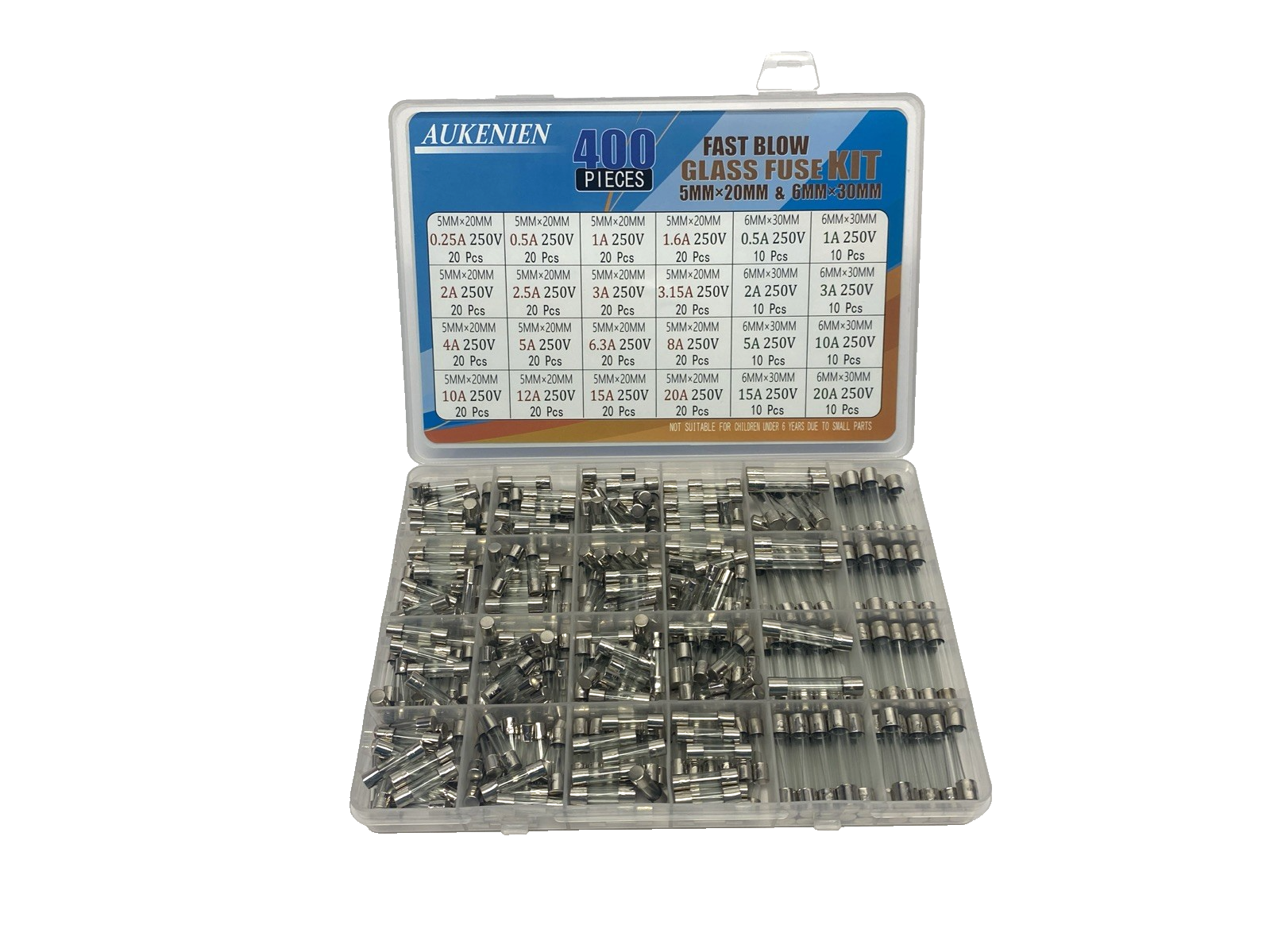 Aukenien 24 Values Fast Blow Glass Fuse Kit 6mm x 30mm & 5mm x 20mm 400 PCS KIT - Maverick Industrial Sales