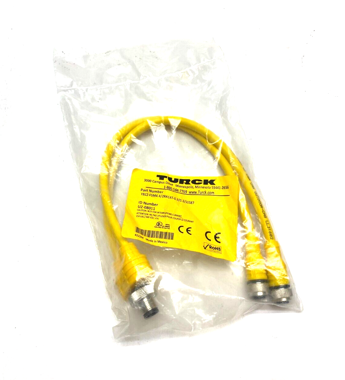 YBZ2-FSM4.4/2RKC4T-0.3/0.3/S1587, U2-08011 | Turck YBZ2-FSM4.4/2RKC4T-0.3/0.3/S1587 Splitter Cordset M12 4-Pin U2-08011 - New - Maverick Industrial Sales