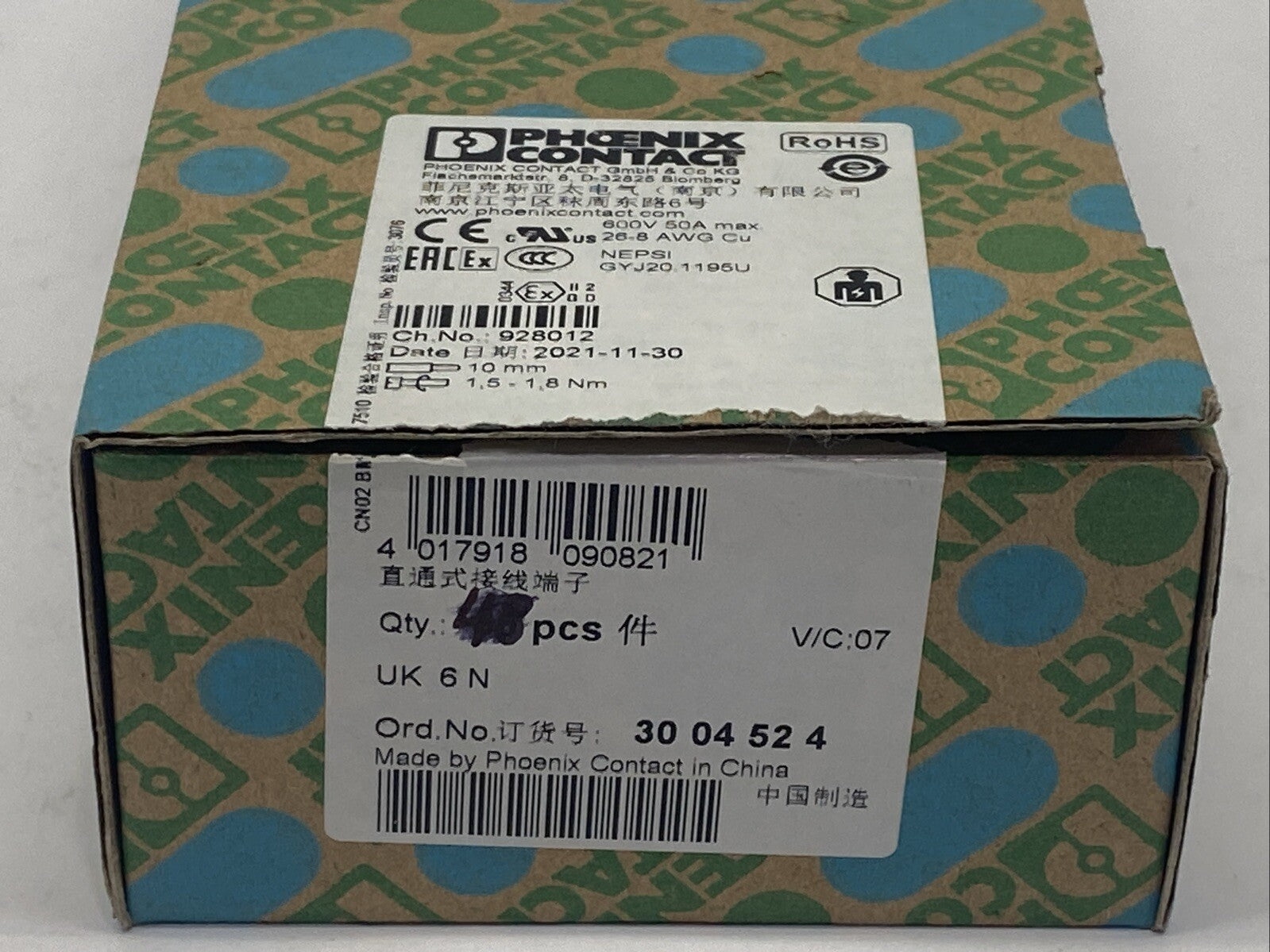 Phoenix Contact Typ UK 6 N Feed Through Terminal Block 3004524 PKG OF 42 - Maverick Industrial Sales