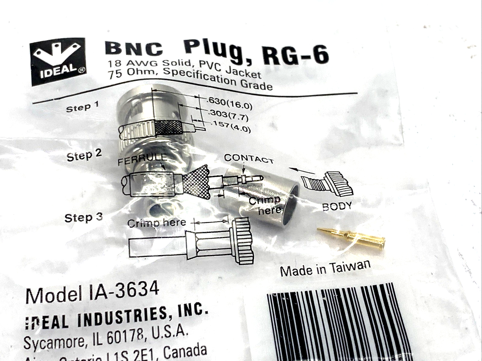 Ideal IA-3634 BNC Plug, Coaxial Wireable Plug 18 AWG 75 Ohm, RG-6 LOT OF 3 - Maverick Industrial Sales