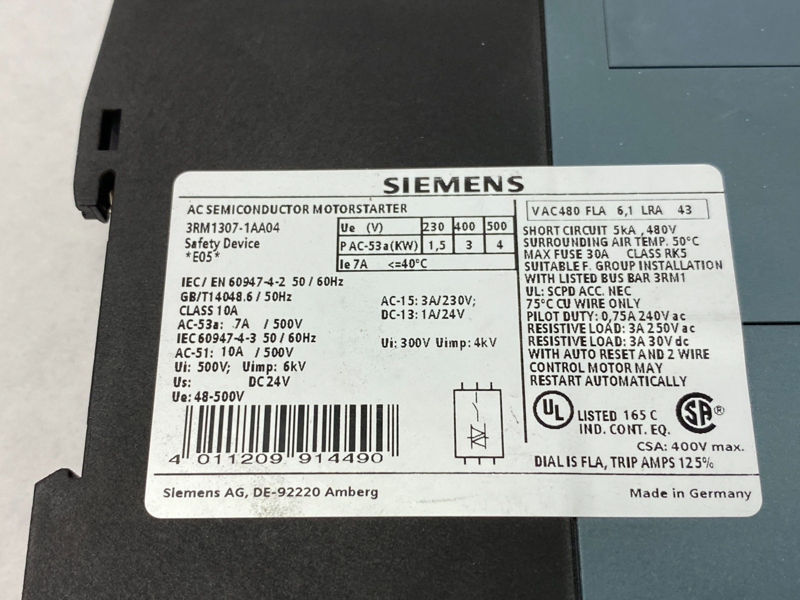 Siemens 3RM1307-1AA04 SIRIUS Fail-Safe Reversing Starter 500V Screw Terminals - Maverick Industrial Sales
