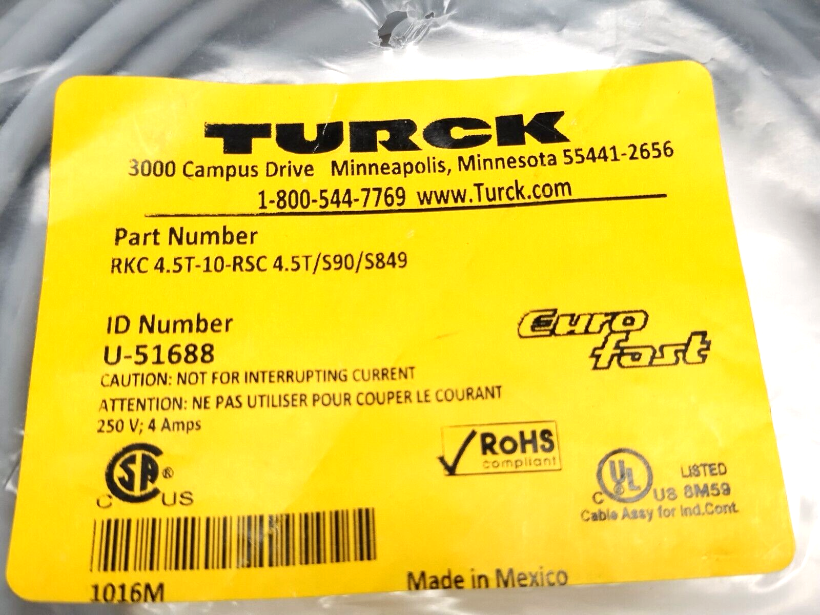 Turck RKC 4.5T-10-RSC 4.5T/S90/S849 Double-Ended Cordset M12 M To F U-51688 - Maverick Industrial Sales