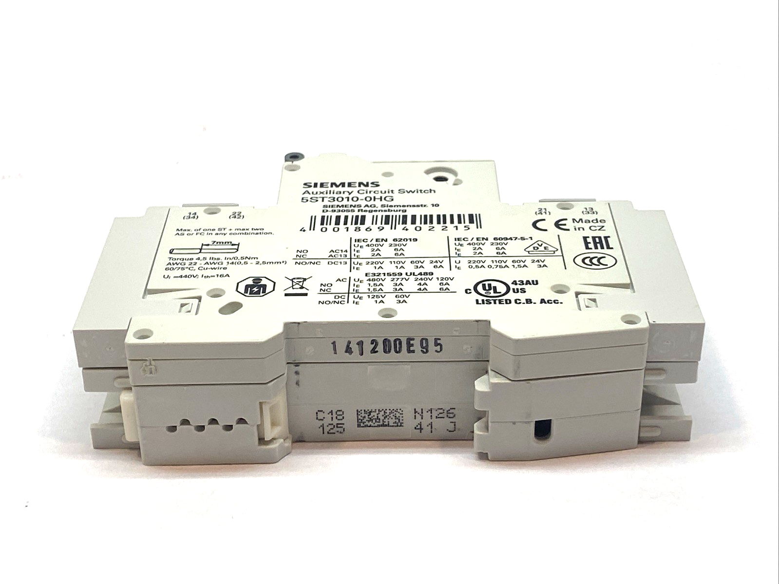 5SJ4118-7HG41,5ST3010-0HG | Siemens 5SJ4118-7HG41 Miniature Circuit Breaker w/ 5ST3010-0HG Auxiliary Switch - Used - Maverick Industrial Sales