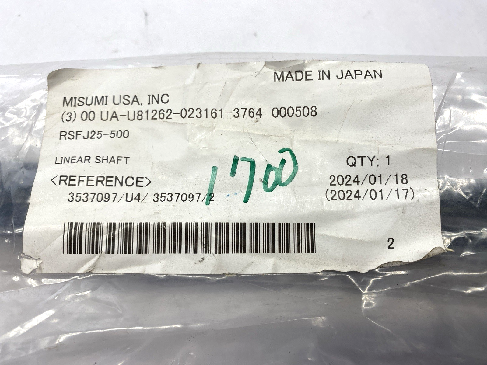 RSFJ25-500 | Misumi Linear Shaft 500mm Length 25mm Shaft Diameter - New - Maverick Industrial Sales