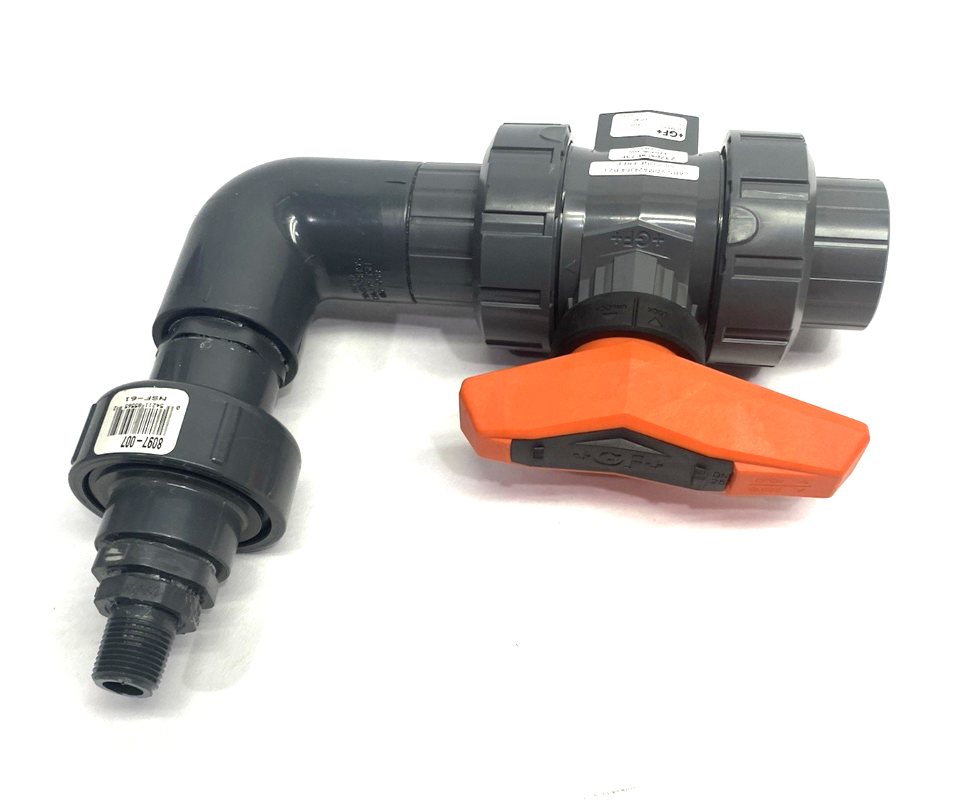 161546244 | Georg Fischer Typ 546 Pro Ball Valve PVC-U, 1" Socket Ends, to Rt Angle Adapter - New – Open box - Maverick Industrial Sales