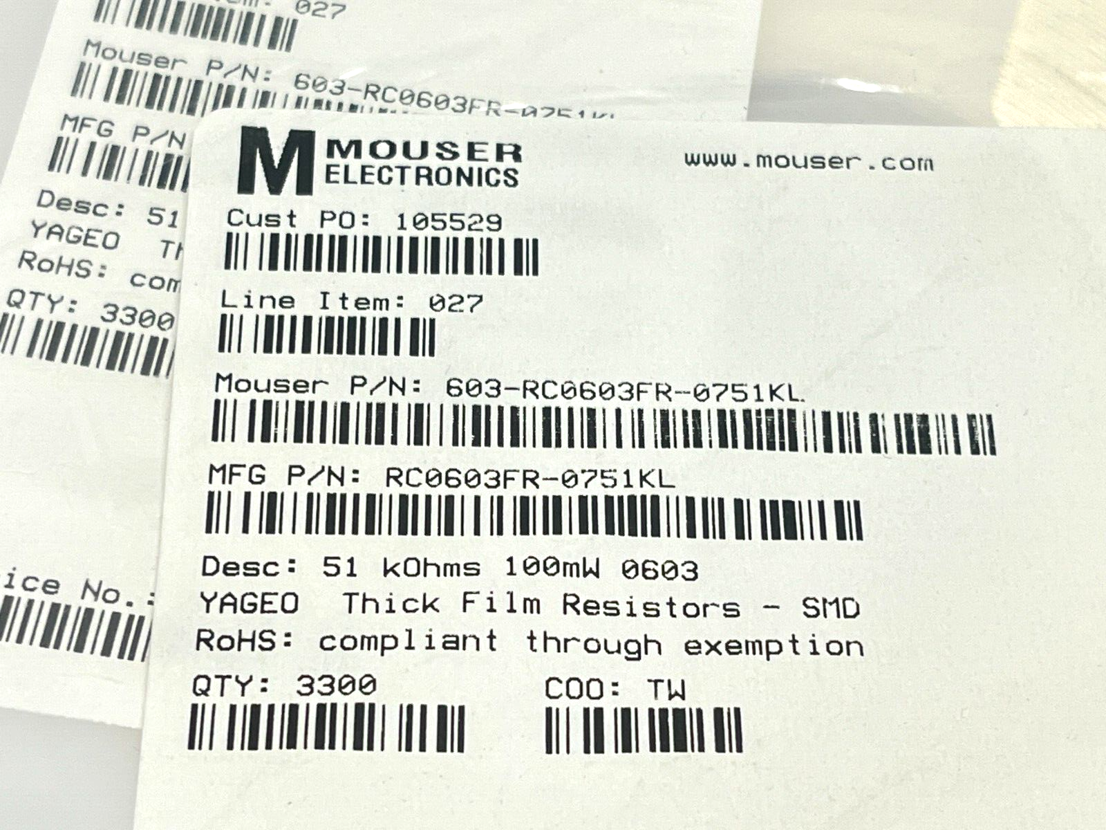 Yageo RC0603FR-0751KL Chip Resistor 51 kOhms ±1% 0.1W 1/10W LOT OF 3300 - Maverick Industrial Sales