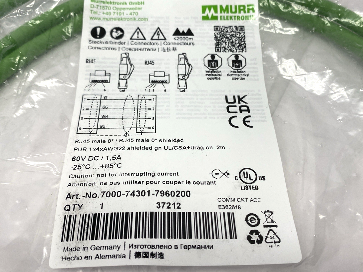 7000-74301-7960200 | Murrelektronik Double End Ethernet Cable, Male RJ45 4-Pole 2m - New - Maverick Industrial Sales