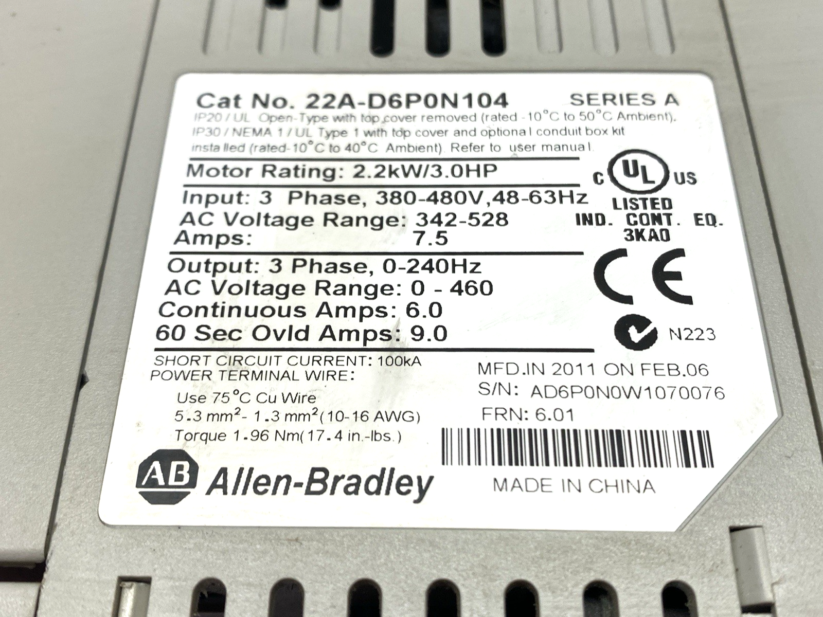 Allen Bradley 22A-D6P0B104 Ser. A PowerFlex 3-Phase AC Drive 480VAC - Maverick Industrial Sales