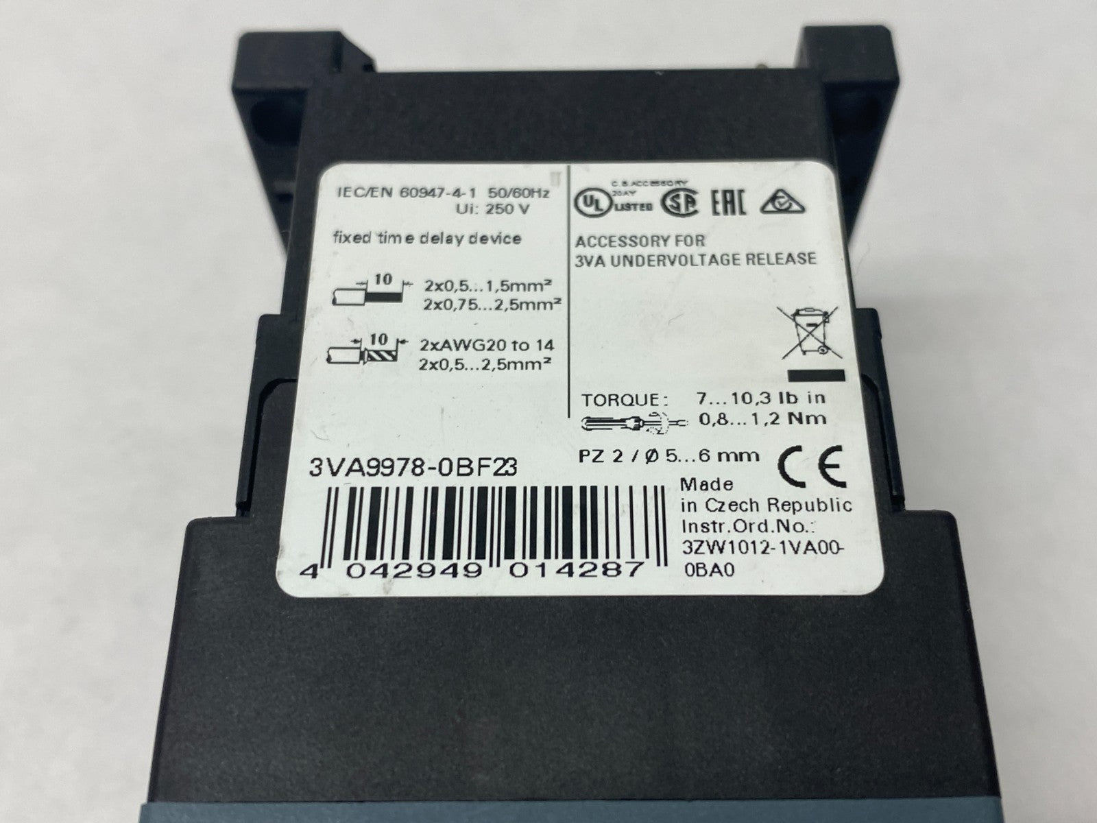 Siemens 3VA9978-0BF23 Time-Delay Device, Fixed Delay 24VDC - Maverick Industrial Sales