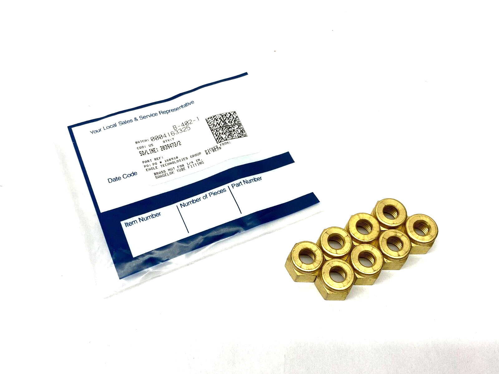 Swagelok B-402-1 Brass Nut for 1/4" Tube Fitting PKG OF 8 - Maverick Industrial Sales