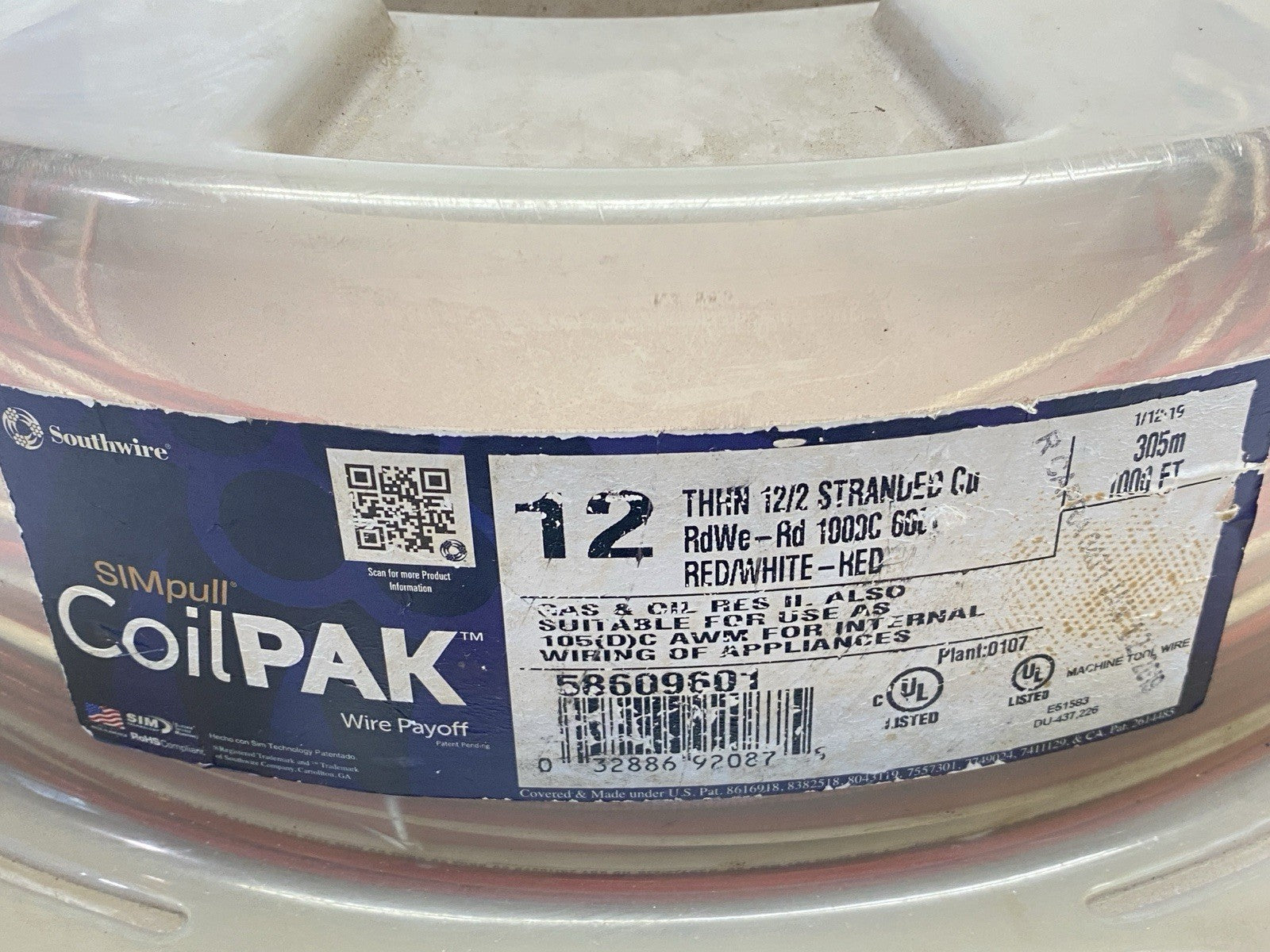 58609601 | Southwire SIMpull CoilPAK THHN #12 2-C Copper Stranded Red/White 400ft - New – Open box - Maverick Industrial Sales