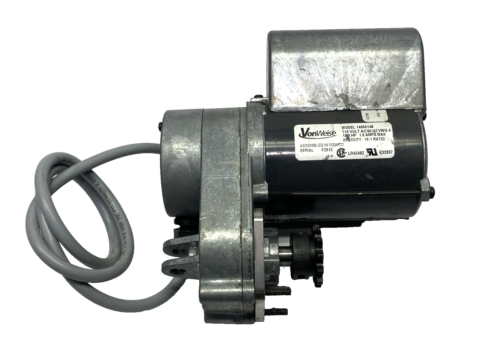 VonWeise 14950148 GearMotor 115V AC 1/10HP 1.5A 19:1 Ratio VWG-4 CUT CONNECTOR - Maverick Industrial Sales
