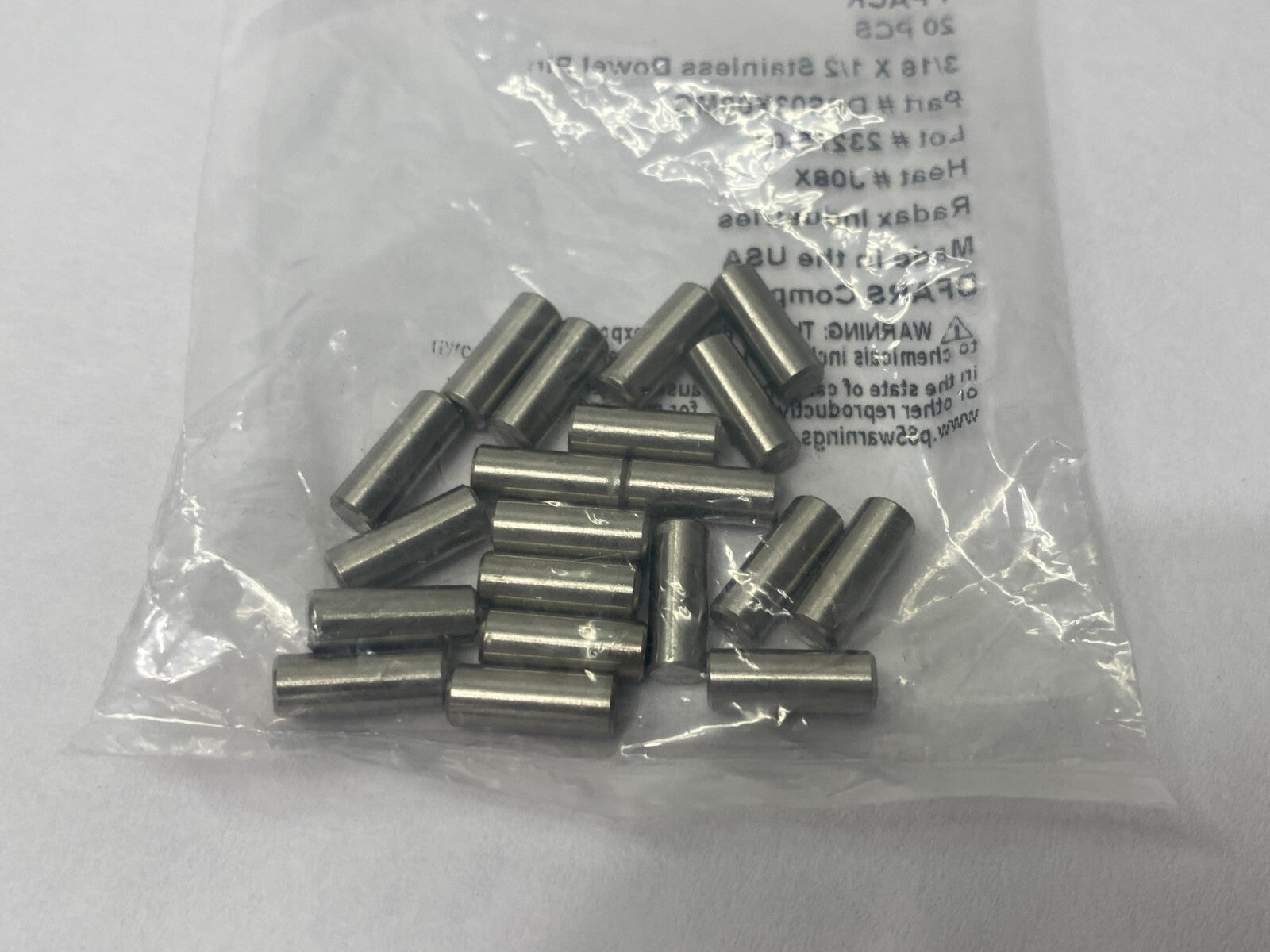 Radax Industries DPS03X08MC Stainless Steel Dowel Pin 3/16" x 1/2" PKG OF 20 - Maverick Industrial Sales