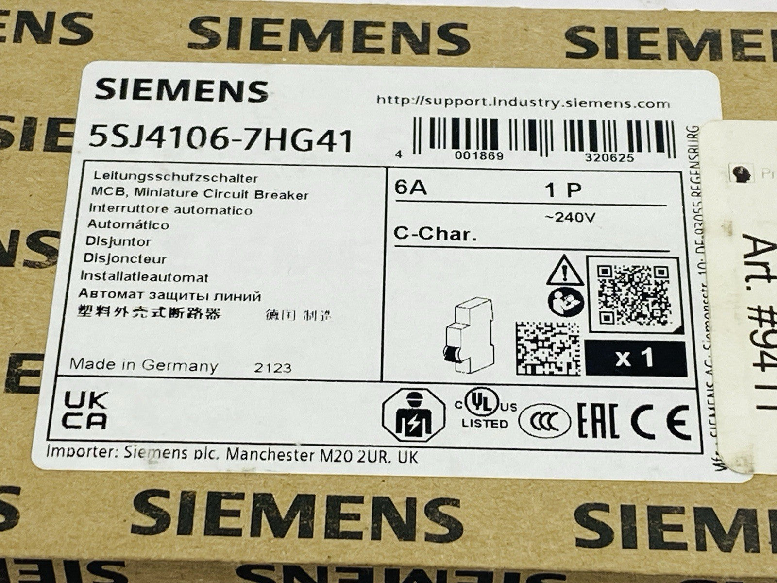 Siemens 5SJ4106-7HG41 Miniature Circuit Breaker 1-Pole 6A 240V - Maverick Industrial Sales
