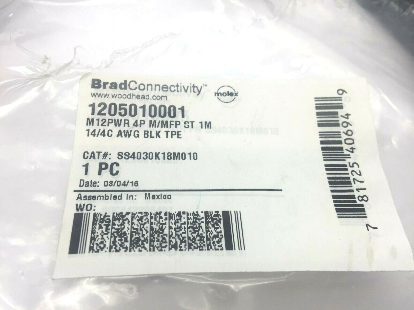 Brad Connectivity 1205010001 SS4030K18M010 M12PWR 4P M/MFP ST 1M Cordset - Maverick Industrial Sales