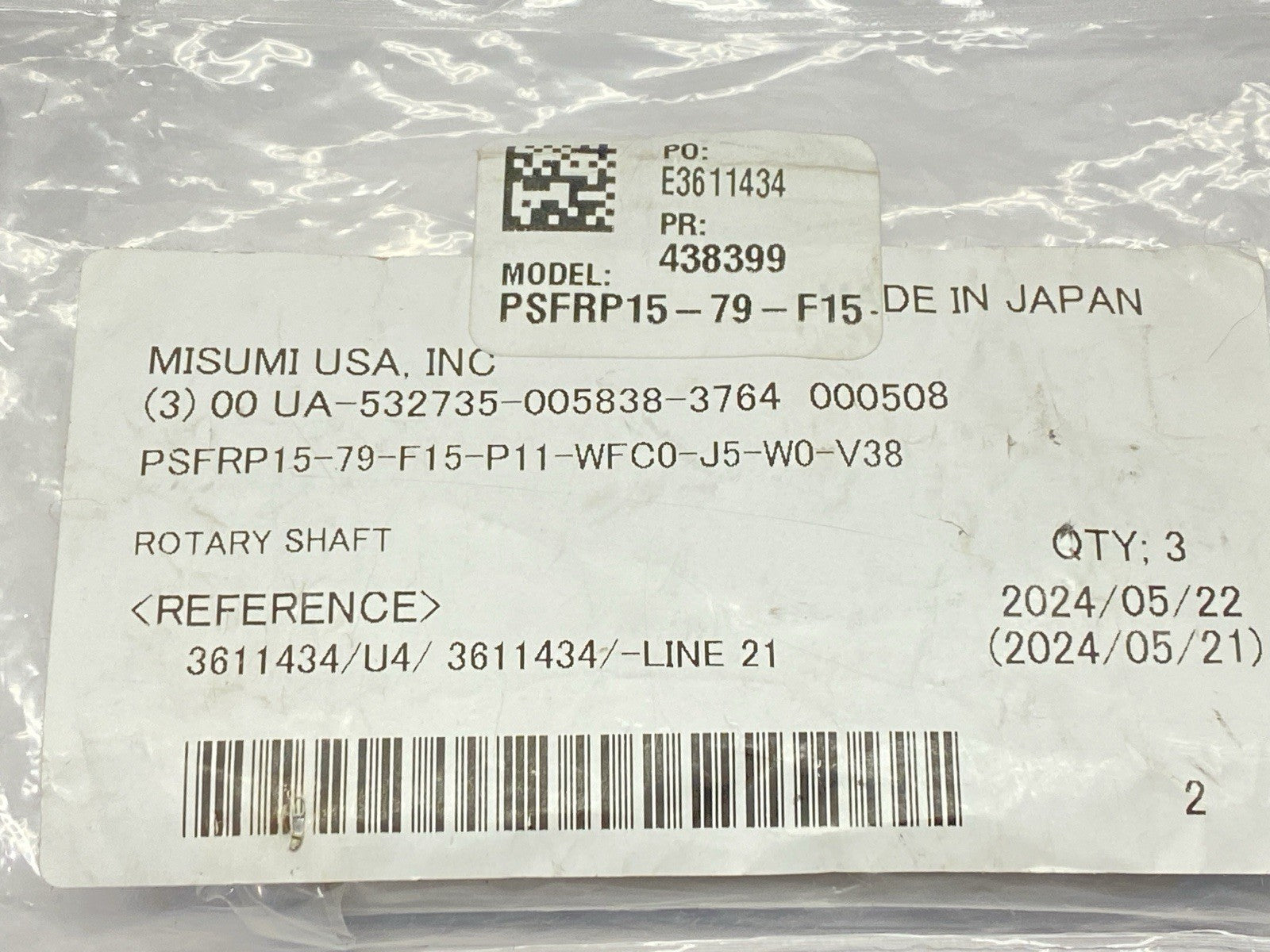 PSFRP15-79-F15-P11-WFC0-J5-W0-V38 | Misumi Rotary Shaft 15mm Dia. 79mm Long 3-PACK - New - Maverick Industrial Sales
