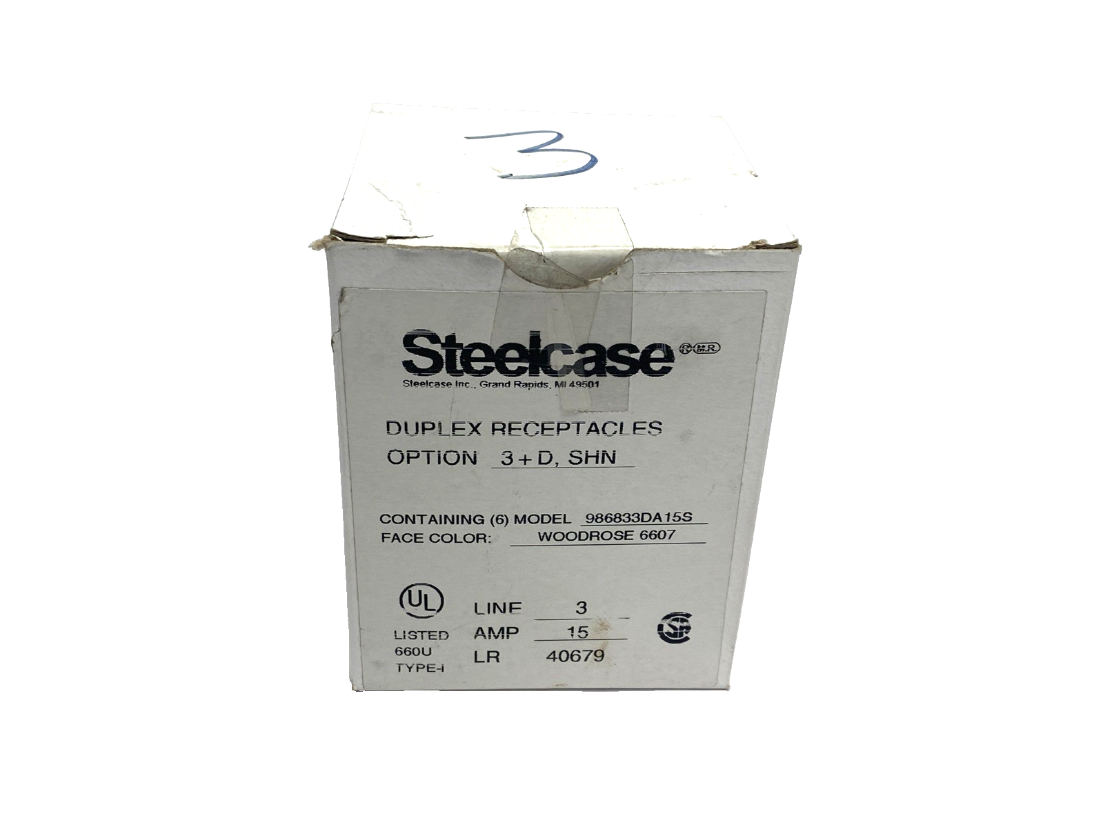 986833DA15S,6608 | Steelcase 986833DA15S Line 3 Duplex Receptacles 3+D, SHN, Woodrose 6607 6-PK - New – Open box - Maverick Industrial Sales
