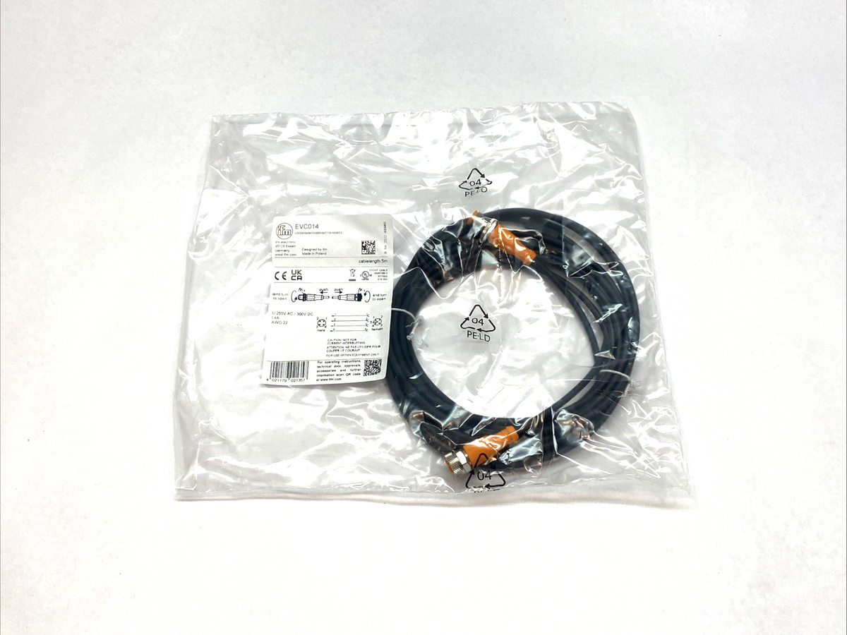 EVC014 | IFM Proximity Switch Sensor Connection Cable M to F 5m 250VAC 300VDC 4A - New - Maverick Industrial Sales