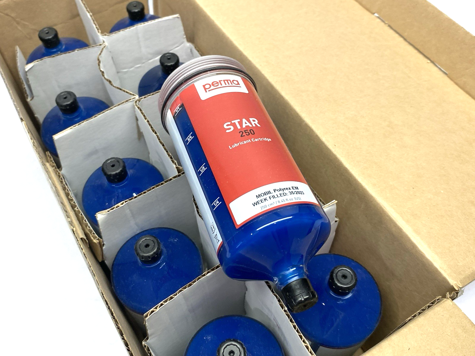 901370 | Perma STAR Lubrication Cartridge 250cc filled w/ MOBIL Polyrex EM 10-PACK - New – Open box - Maverick Industrial Sales