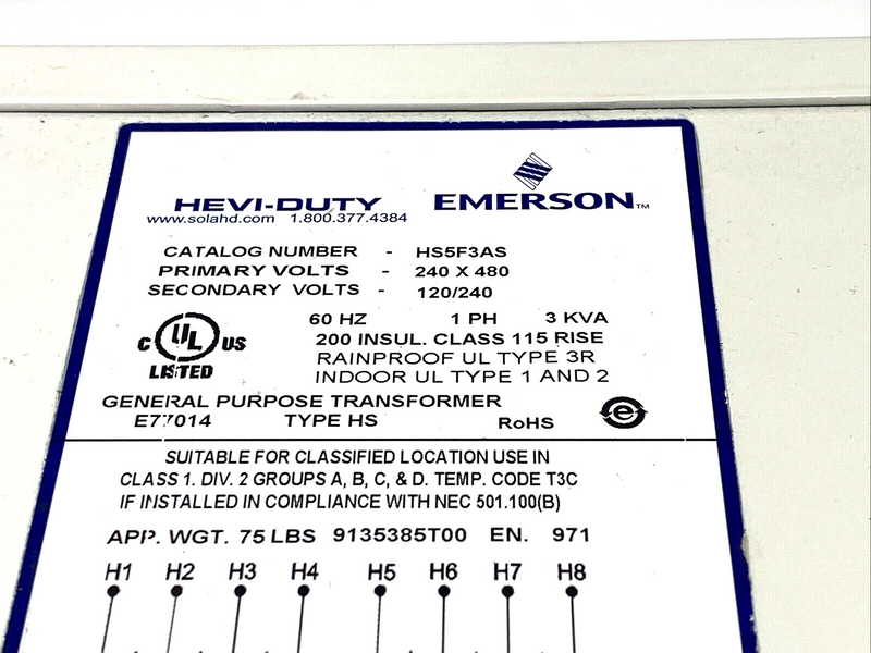 Sola HD HS5F3AS Transformer 3KVA 240X480V Primary 120/240V Secondary - Maverick Industrial Sales