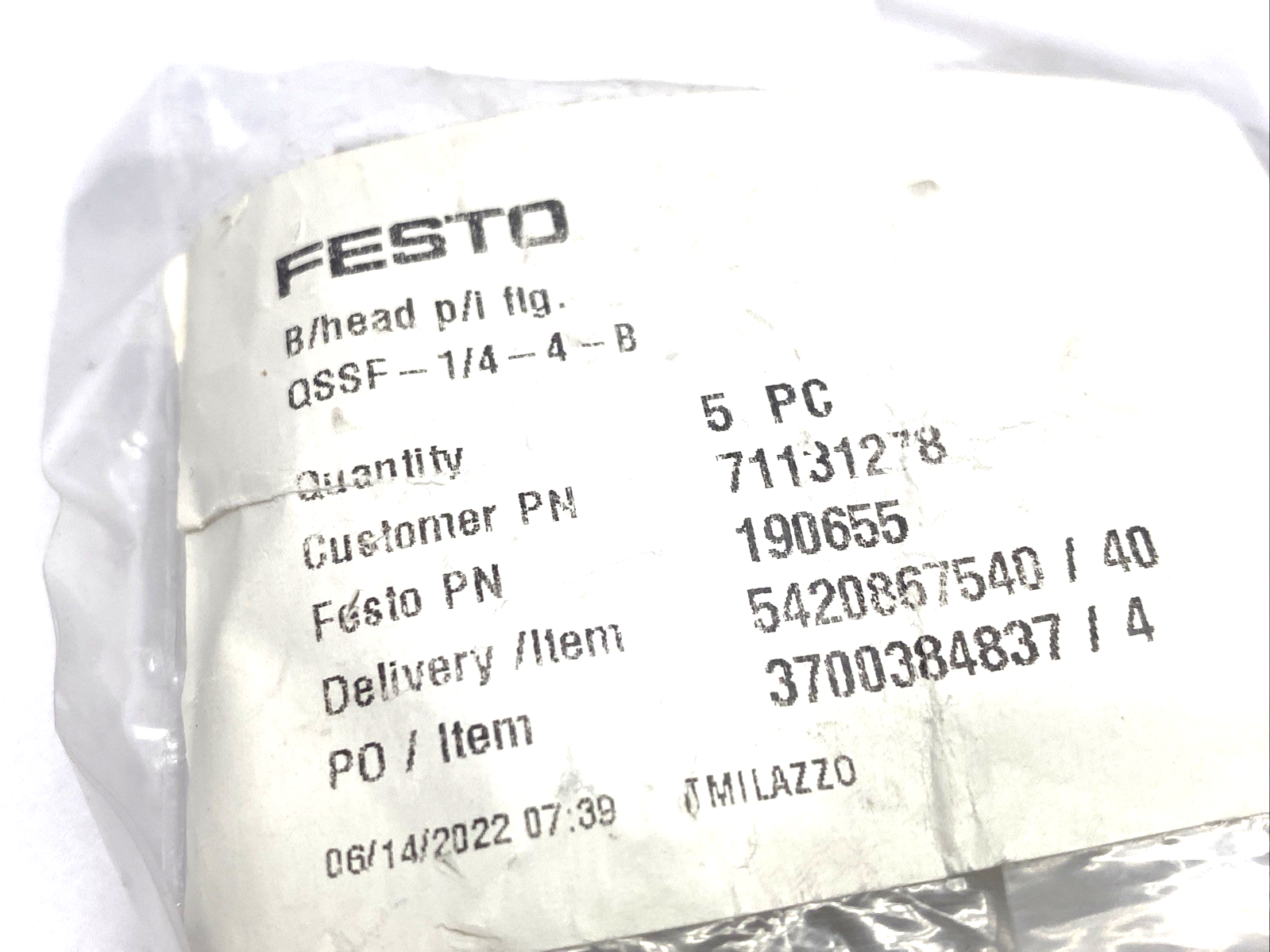 Festo QSSF-1/4-4-B Bulkhead Push-In Fitting 4mm Tube O.D. x G 1/4" 190655 5-PACK - Maverick Industrial Sales