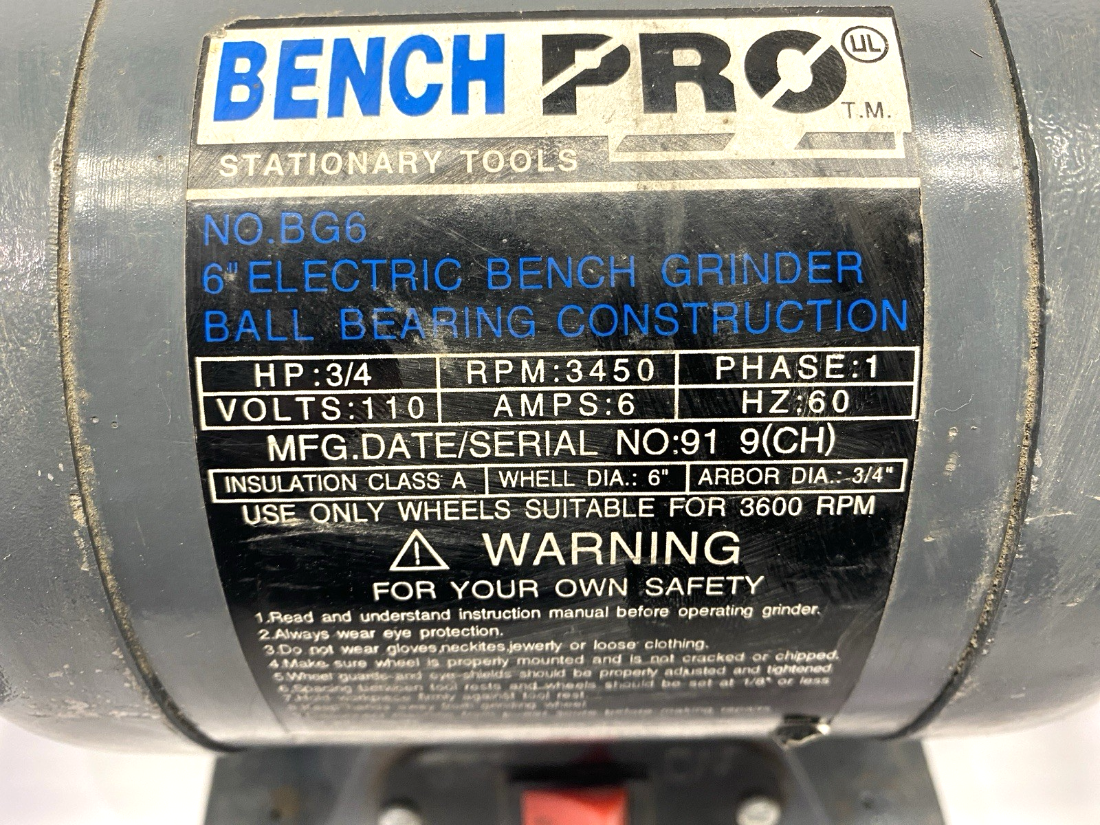 BG6 | Bench Pro Electric Bench Grinder 6" 3450RPM DAMAGED & MISSING EYE SHIELDS - Used - Maverick Industrial Sales
