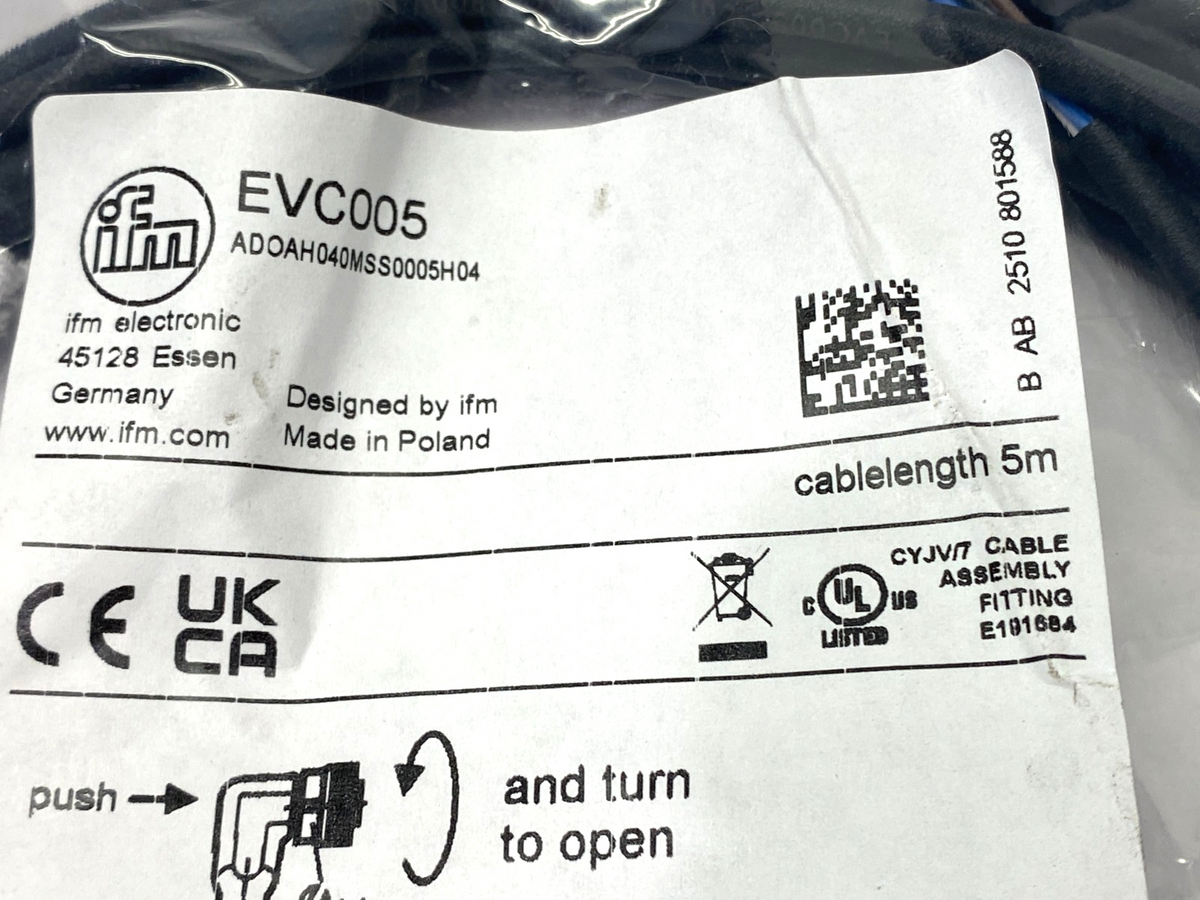 EVC005 | ifm Single End Female Cordset Right Angle M12 5-Pin 5m ADOAH040MSS0005H04 - New - Maverick Industrial Sales