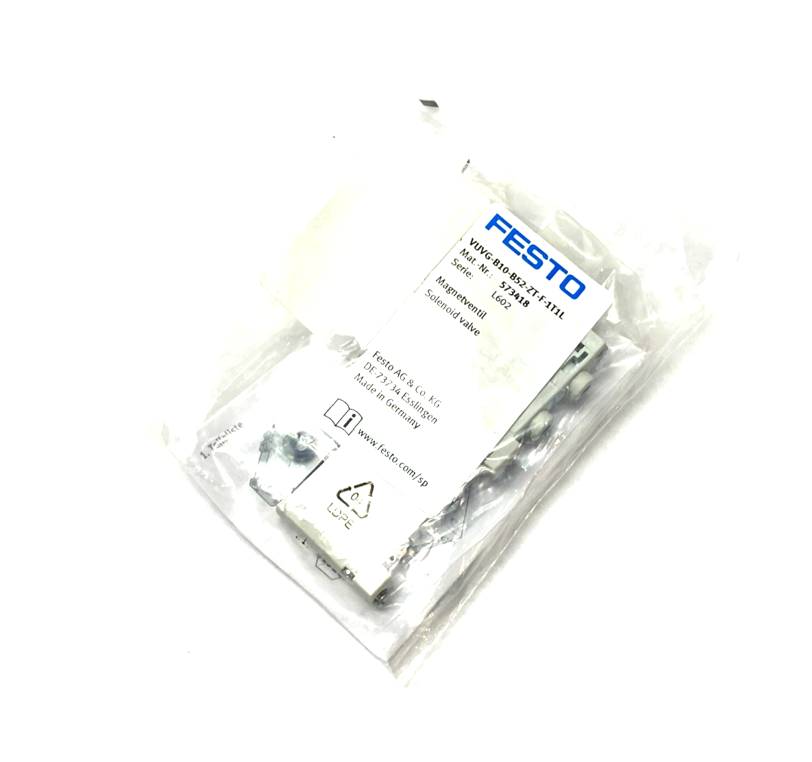 Festo VUVG-B10-B52-ZT-F-1T1L Solenoid Valve, 5/2 Bistable, 573418 - Maverick Industrial Sales