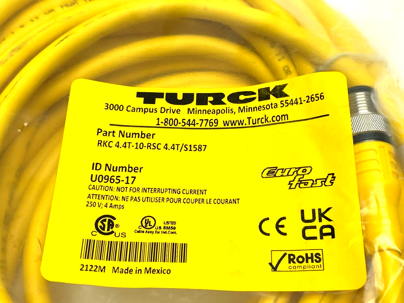 Turck RKC 4.4T-10-RSC 4.4T/S1587 Actuator and Sensor Cable 10m Length U0965-17 - Maverick Industrial Sales