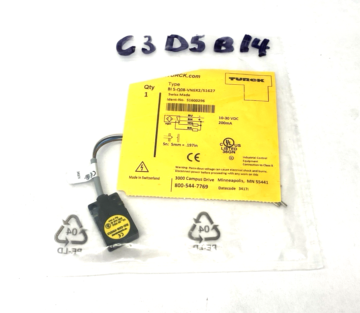 Turck BI 5-Q08-VN6X2/S1627 Inductive Proximity Sensor 5mm Sn NO/NC 1600296 - Maverick Industrial Sales