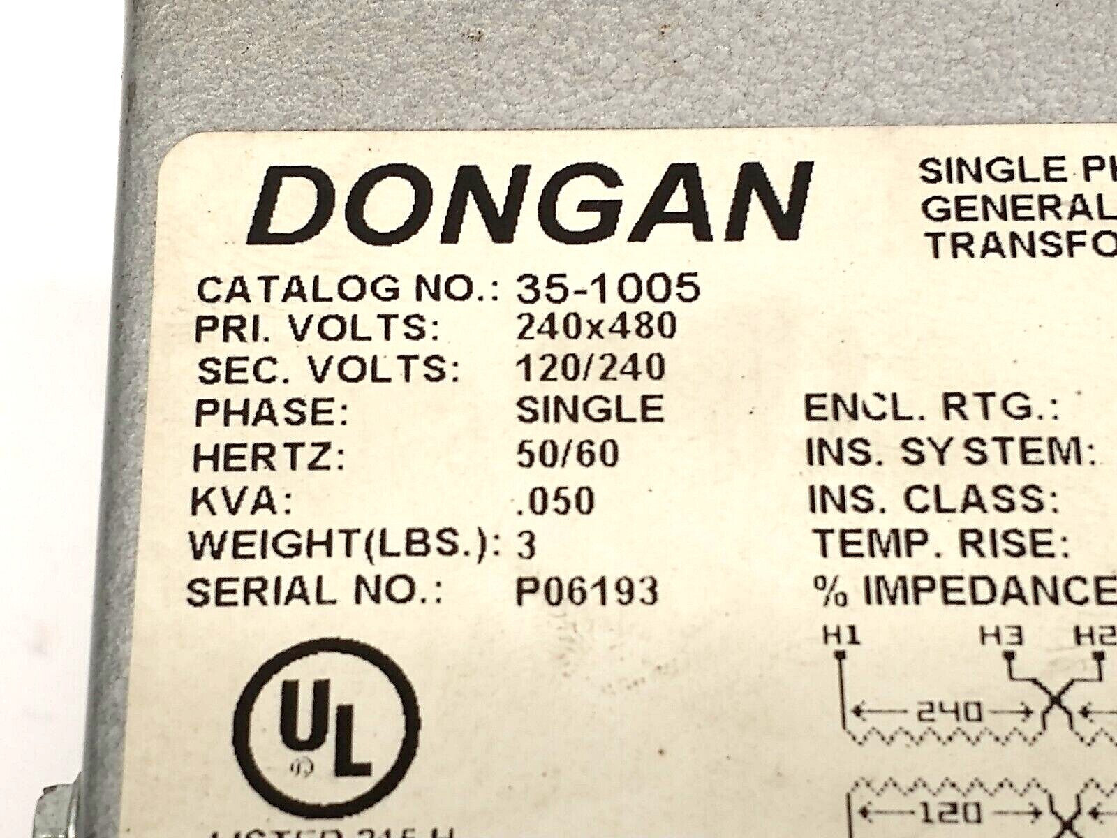 35-1005 | Dongan General Purpose Transformer 1PH 240x480V 120/240V .050kVA - Used - Maverick Industrial Sales