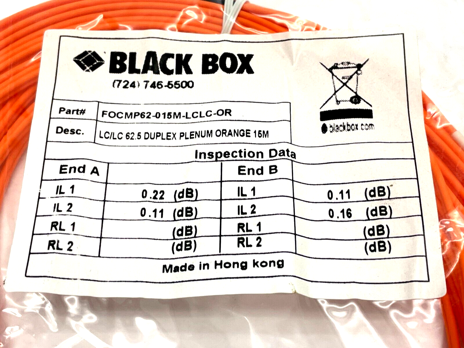 Black Box FOCMP62-015M-LCLC-OR Fiber Patch Cable 15m Length - Maverick Industrial Sales
