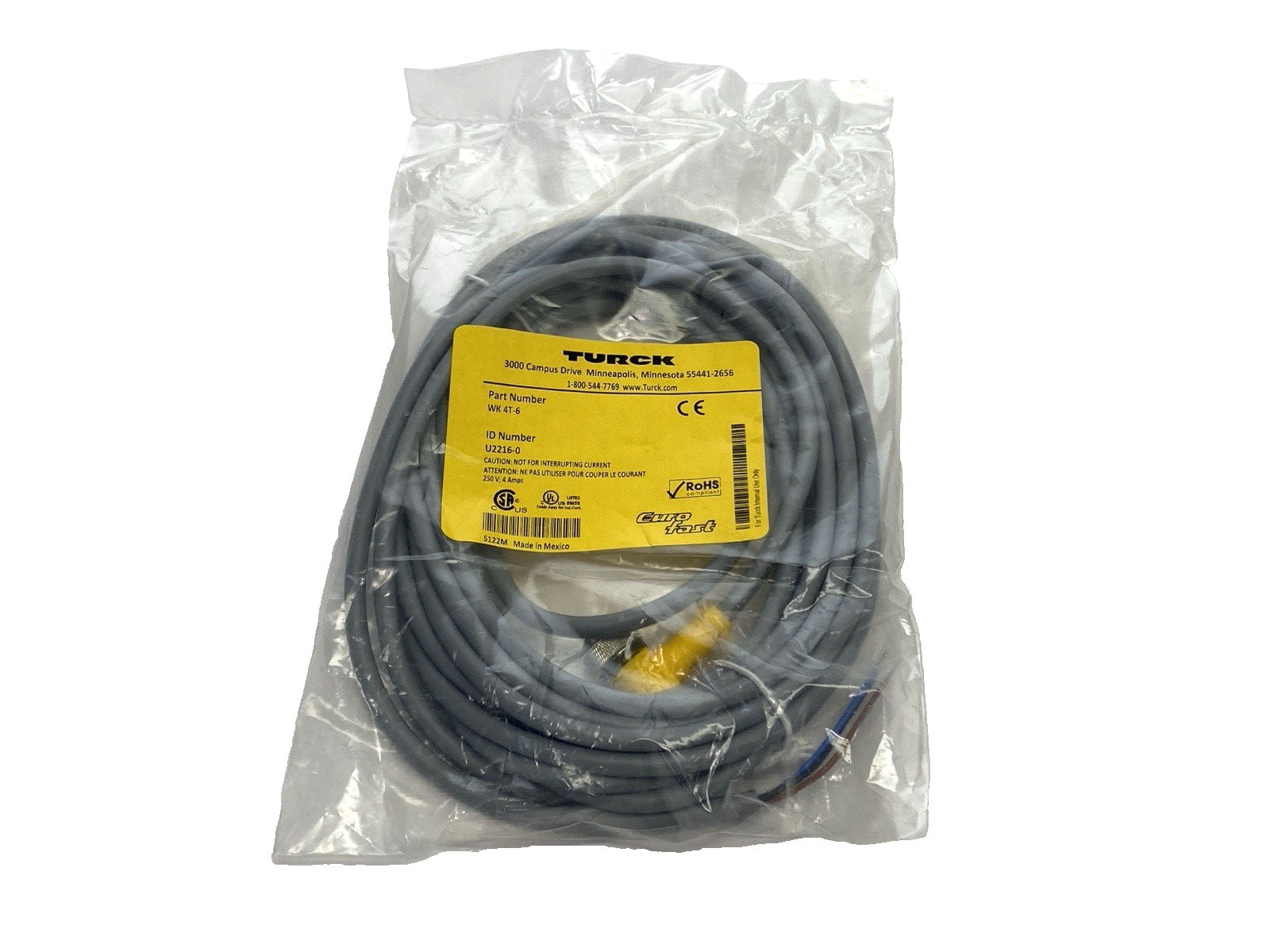 Turck WK 4T-6 Single-Ended Cordset Right-Angle Female Connector M12 U2216-0 - Maverick Industrial Sales