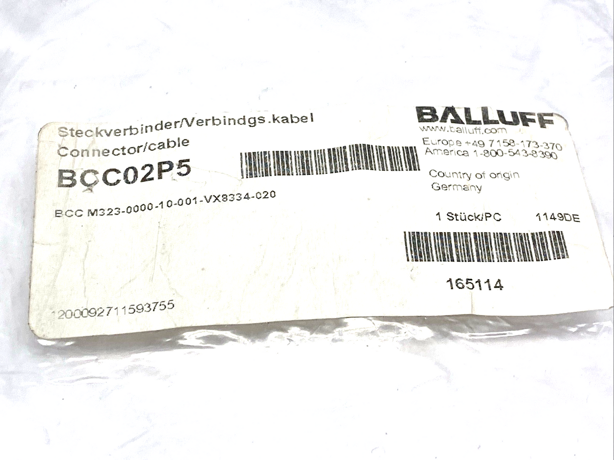 BCC02P5 | Balluff Cordset Female M8 Angle 3-Pin 2m BCC M323-0000-10-001-VX8334-020 - New – Open box - Maverick Industrial Sales