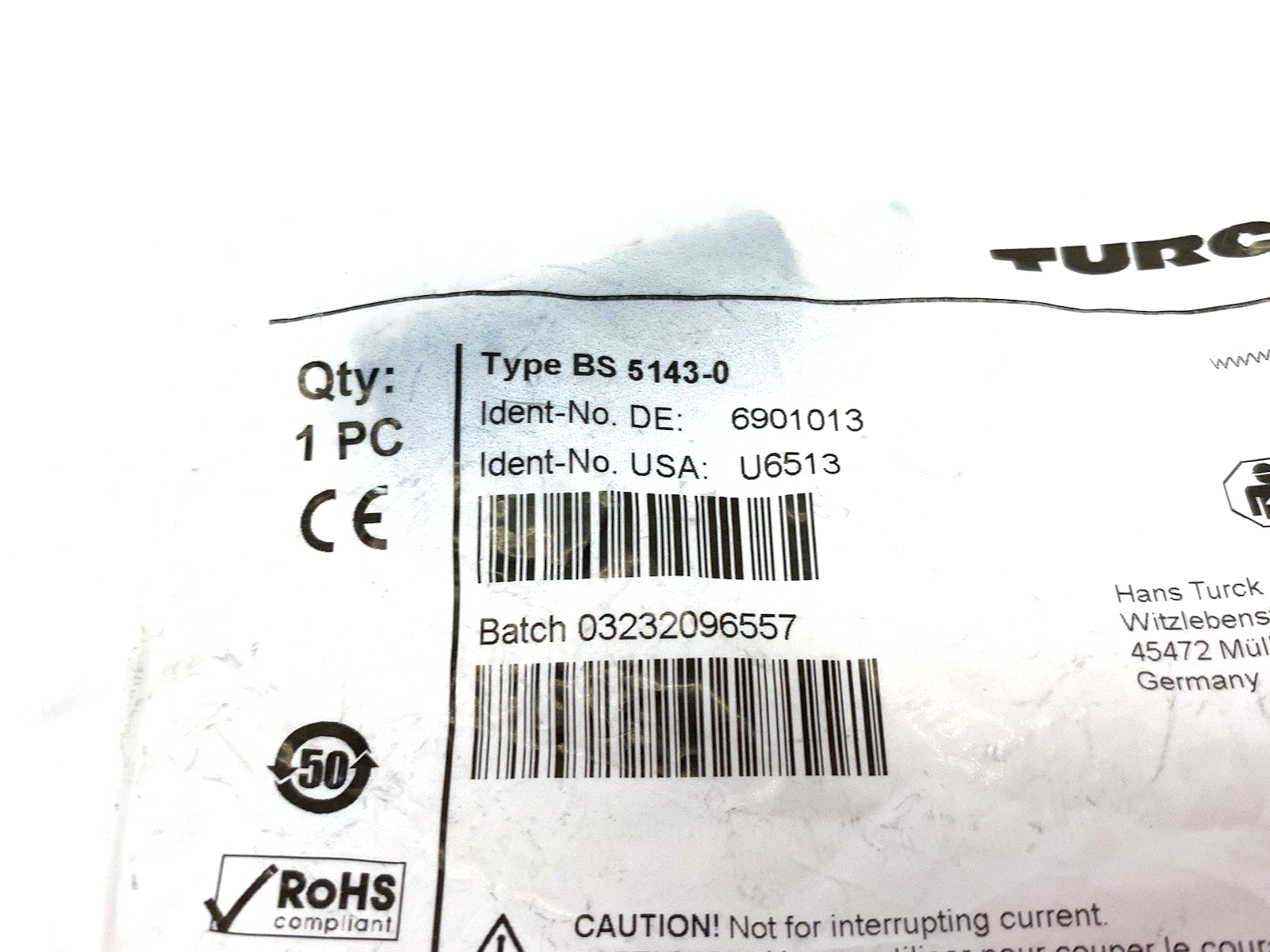 Turck BS 5143-0 Field Wireable Connector Male 4-pin M8, U6513, 6901013 - Maverick Industrial Sales