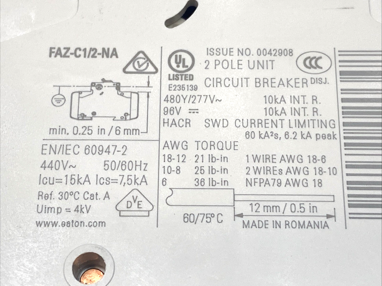 Eaton FAZ-C1/2-NA Miniature Circuit Breaker 2-Pole C-Curve 1A 102158 - Maverick Industrial Sales