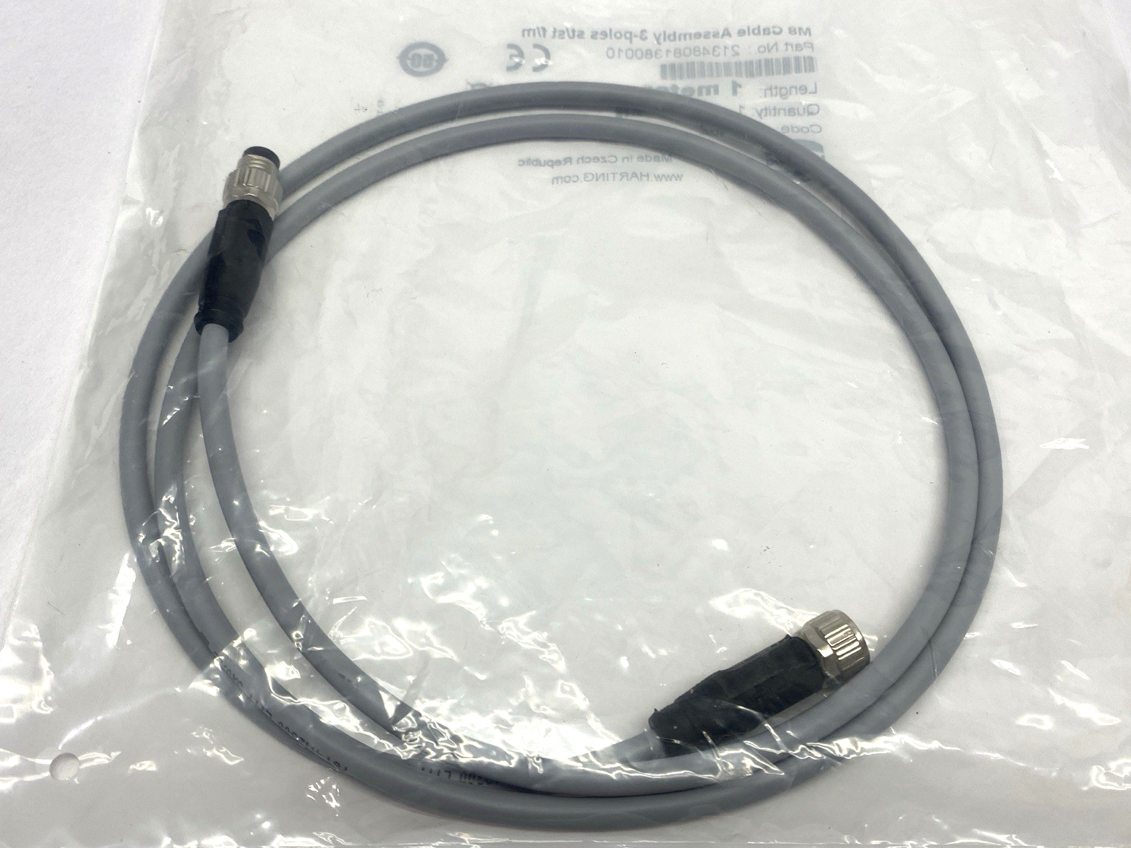 21348081380010 | Harting Double-Ended Cable Assembly M8 3-Poles 1m - New - Maverick Industrial Sales