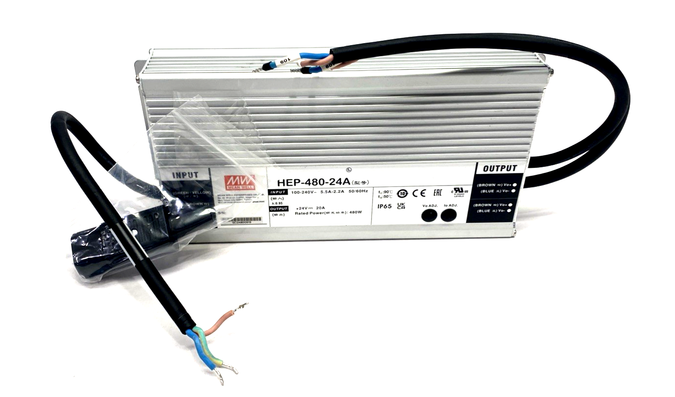 HEP-480-24A | Mean Well Power Supply, Chassis Mount 100-240VAC 24V 20A 480W - New – Open box - Maverick Industrial Sales